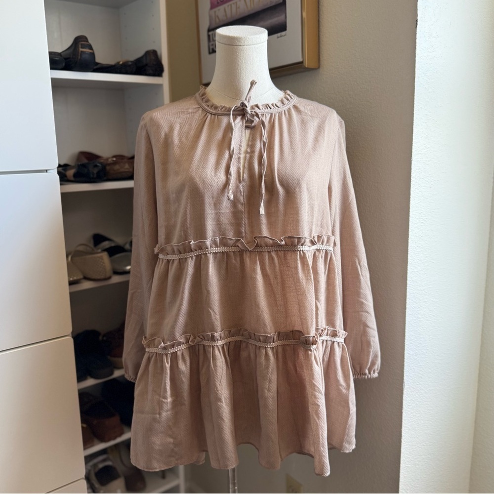 Cato Beautiful Tan Ruffled Long Sleeve Blouse with Collar Detail Size Large